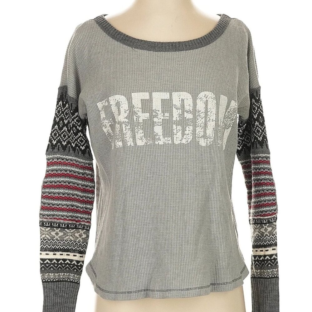 Free People Gray 'FREEDOM' Waffle Knit Long Sleeve Tee with Patterned Sleeves